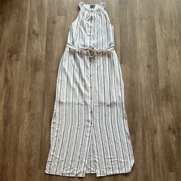 Kaari Blue High Neck Sleeveless Maxi Dress Cream Black & Pink Striped XS - Picture 1 of 6